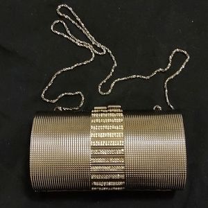 Metallic Evening Bag with Woven Strap, Glass Stone decoration, Elegant